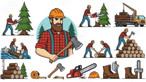 Lumberjack at work with chainsaw and axe in forest