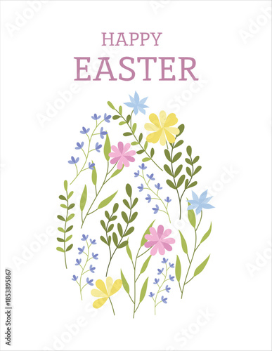 A template for an Easter banner, greeting card, or poster. A delicate illustration of an Easter egg filled with spring meadow herbs.