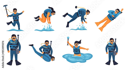 Scuba divers in various poses with snorkeling gear and flippers