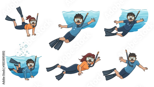 Diverse group of people snorkeling in ocean with flippers and masks