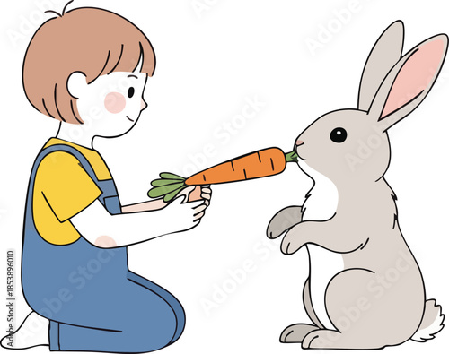 A young boy kneeling outdoors offering a large carrot to a standing rabbit.