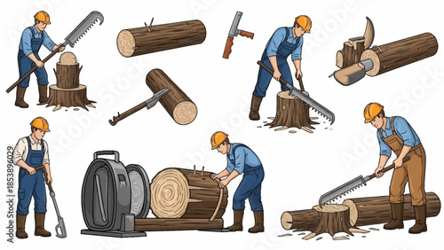 Lumberjack working with logs and saws in various positions