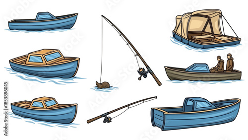 Fishing boats and rods on serene water for outdoor adventure