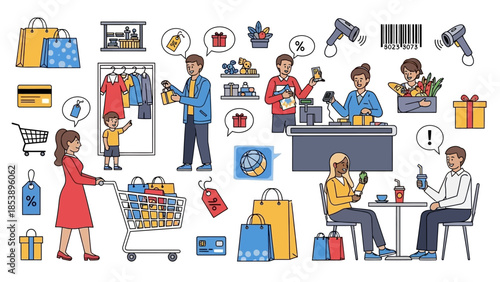 Vibrant illustration of modern shopping experience with people buying