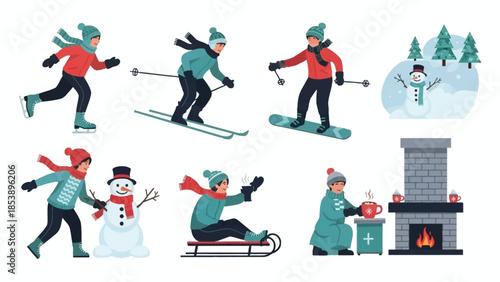 Winter sports and cozy moments in snowy landscape
