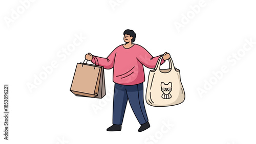Smiling man carrying shopping bags with eco friendly tote