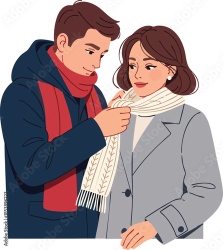 Man putting on scarf around woman's neck in winter clothing