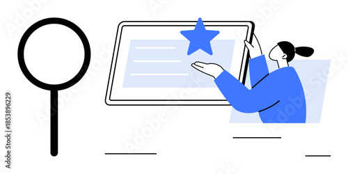 User experience, feedback assessment, online search, digital tools, internet navigation, app usage. A person interacts with a tablet displaying content and a star. Feedback assessment and online