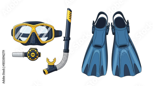 Scuba diving gear including mask, snorkel, and flippers on white background