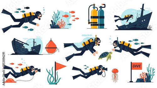 Scuba divers exploring vibrant underwater world with coral reefs and marine life