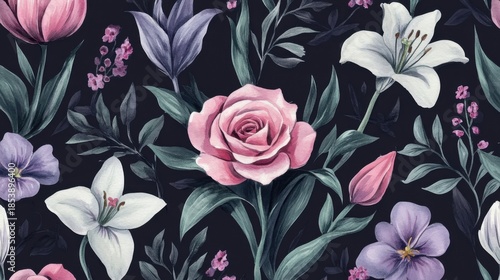 Botanical Watercolor Pattern Featuring Roses, Lilies, and Tulips on Dark Background
