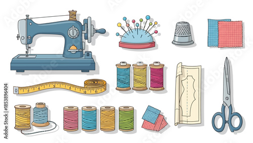 Sewing kit with colorful threads and accessories on white