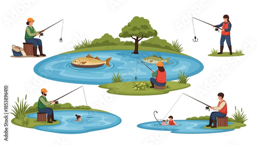 People enjoying fishing together in serene natural lake setting