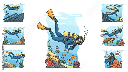 Scuba divers exploring vibrant coral reef with colorful fish and sea creatures