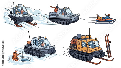 Snow vehicles in action with people skiing and ice fishing