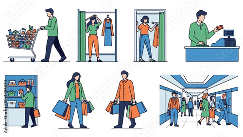 People shopping and buying at store with shopping carts and bags