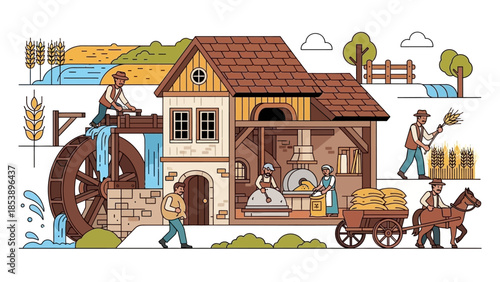 Traditional rural mill scene with people working and harvesting wheat