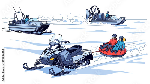 People enjoying winter fun with snowmobile and tube ride on frozen lake