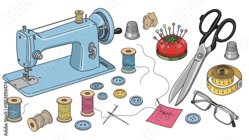 Vibrant sewing kit with colorful threads and tools