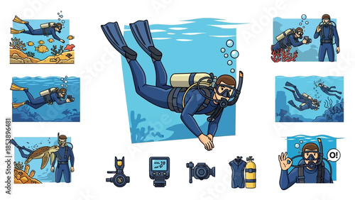 Scuba diver exploring vibrant coral reef with fish and sea life