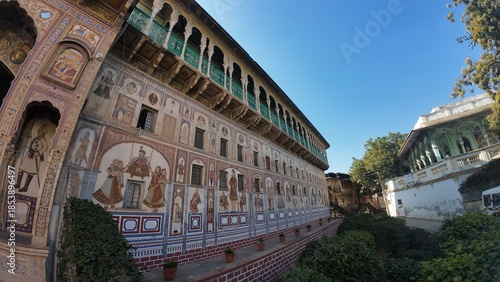 Detailed View of Medieval Period Haveli Interior Walls with Ornate Fresco Murals and Traditional Patterns, Nawalgarh Rajasthan, India