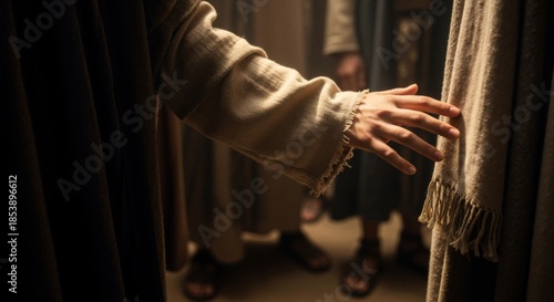 Biblical scene of a hand reaching to touch the hem of a garment. The woman with the issue of blood seeking healing from Jesus. Faith and miracle concept