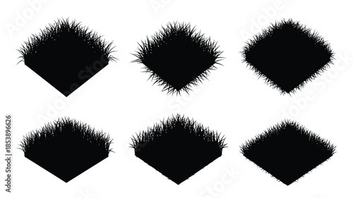 Six diamond shapes formed by dark green grass on a white background