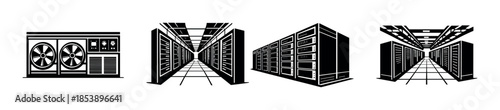 Server room equipment, data center racks, flat vector illustration, technology design