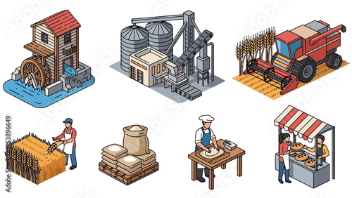 Vibrant agricultural and industrial scenes with farming, milling, and baking