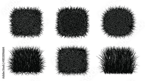 Six dark fluffy square patches arranged in a grid pattern on white background