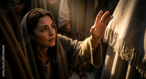 Biblical woman reaching to touch the hem of Jesus garment for healing. Faith and miracle concept in ancient crowd