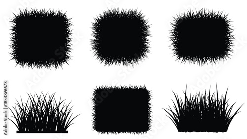 Three square and two rectangular grass patches on a white background