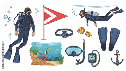 Scuba diving elements collection with divers and equipment
