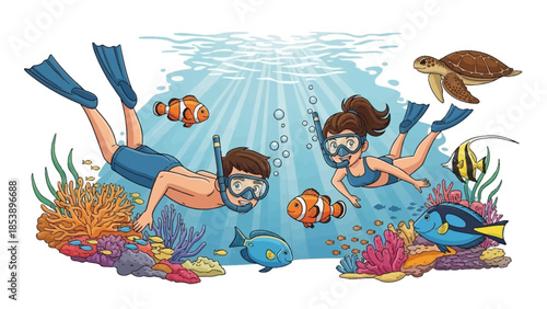 Snorkeling couple exploring vibrant coral reef with tropical fish