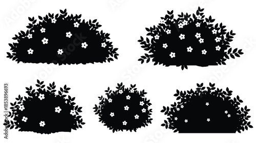 Simple black and white illustration of flowering bushes in various shapes