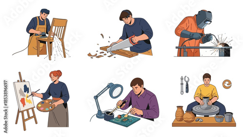 Various skilled tradespeople working on projects with tools and materials