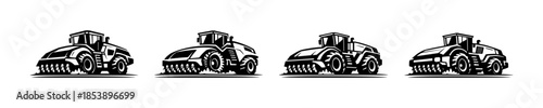 Construction vehicles collection, machinery silhouettes, flat vector illustration
