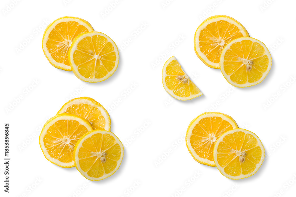 Obraz premium Collection of fresh yellow lemon slices isolated on a transparent background. High-resolution PNG ideal for food design, healthy nutrition concepts, packaging, beverages and natural ingredient.