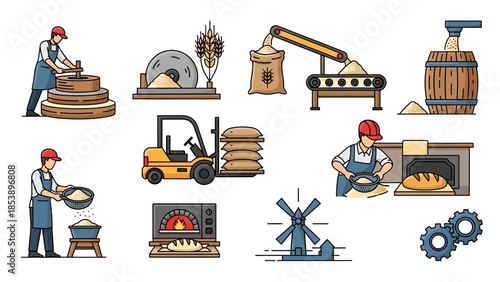 Workers processing grains into bread in a modern industrial bakery setting