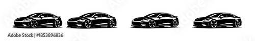 Electric cars collection, black silhouettes in line, flat vector illustration