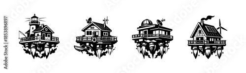 Floating island homes, futuristic architecture designs, flat vector illustration
