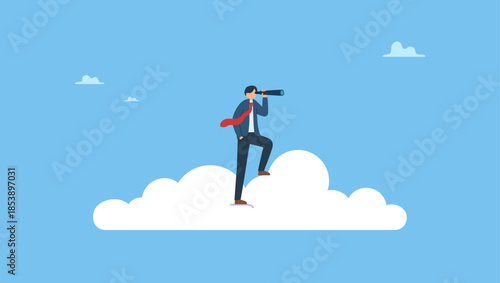 Smart businessman riding cloud holding telescope or binocular to search for business visionary. Business opportunity, leadership vision to see company strategy to achieve target.