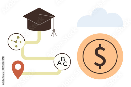 Path with graduation cap, learning process icons, and dollar sign conveying educations role in financial success. Ideal for investment, career goals, motivation, planning, business, education simple
