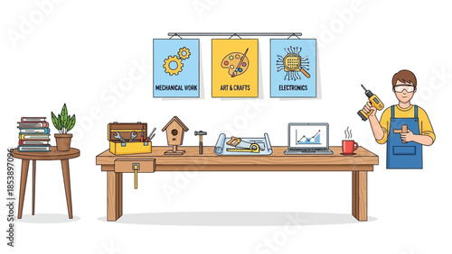 Handyman working on wood project in modern workshop with tools