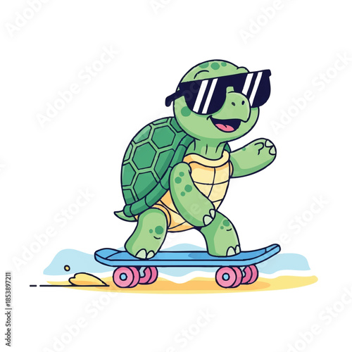 A cartoon turtle wearing sunglasses rides a skateboard on a sandy beach with a cute and playful dragon-inspired design.