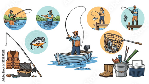 Vibrant fishing scene with gear and people enjoying leisure activity