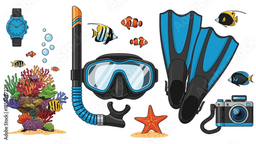 Vibrant scuba diving gear and tropical ocean life illustration
