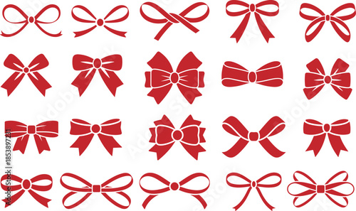 Collection of red ribbon bows on white background gift decoration