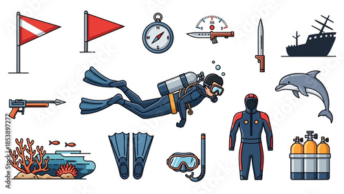 Scuba diver exploring ocean with equipment and marine life