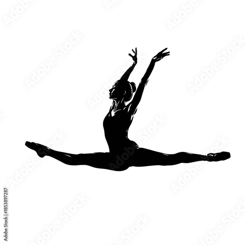 Silhouette of a female gymnast performing a split leap.